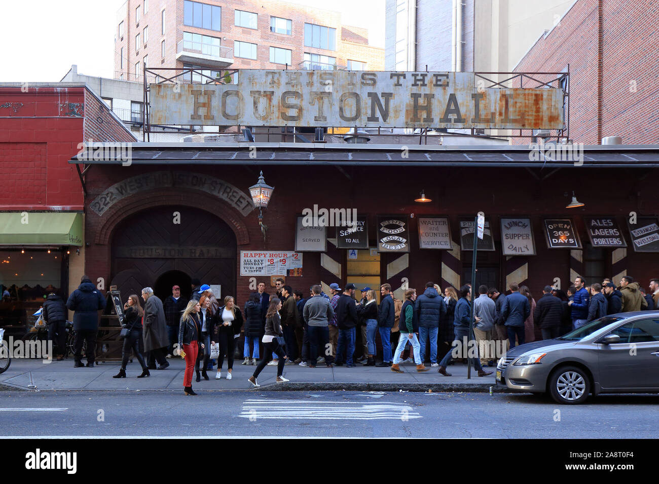 Houston Hall, 222 West Houston Street, New York, NY.  exterior storefront of a beer hall in the SoHo area of Manhattan. Stock Photo