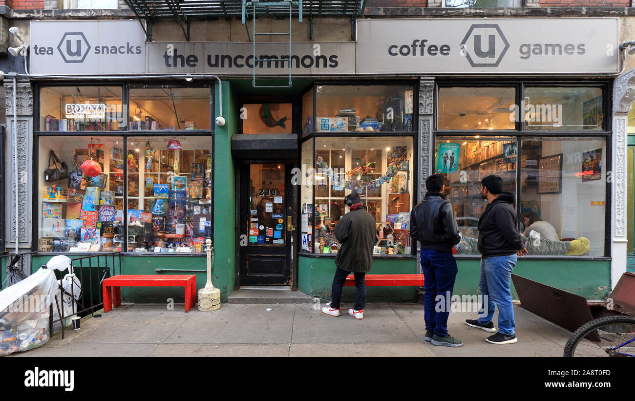 The Uncommons, 230 Thompson Street, New York, NY. exterior storefront of a boardgame, gaming cafe in the Greenwich Village neighborhood of Manhattan. Stock Photo