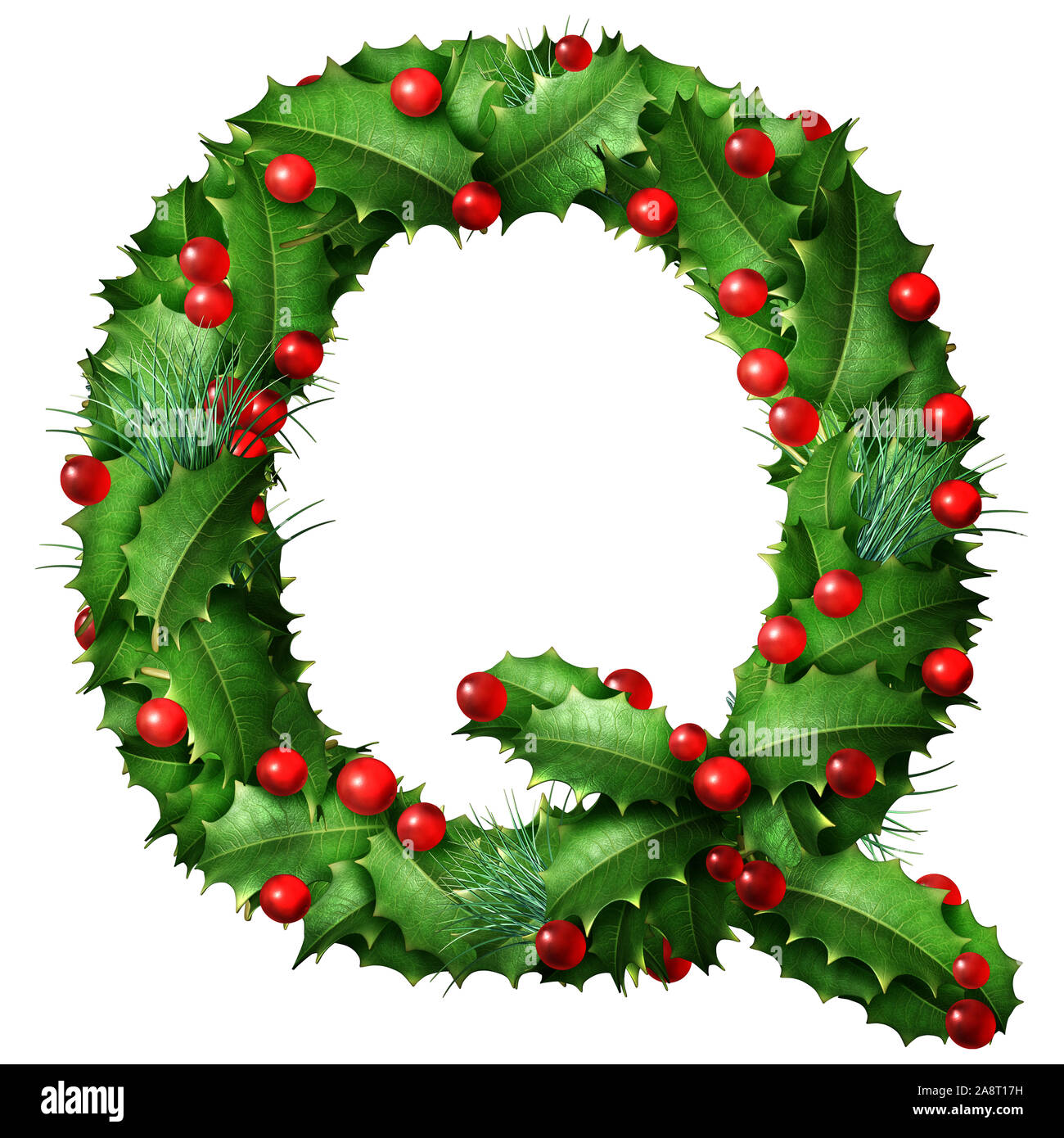 Holiday font letter Q as a festive winter season decorated garland as a Christmas  or New Year seasonal alphabet lettering isolated on a white. Stock Photo
