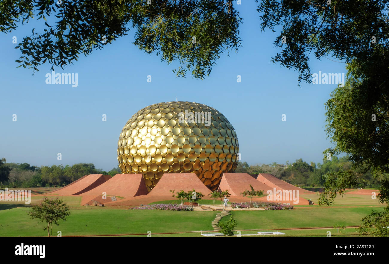 The Matrimandir or Mother Temple, stands as the spiritual center,established by The Mother of the Sri Aurobindo Ashram in 1971. Stock Photo