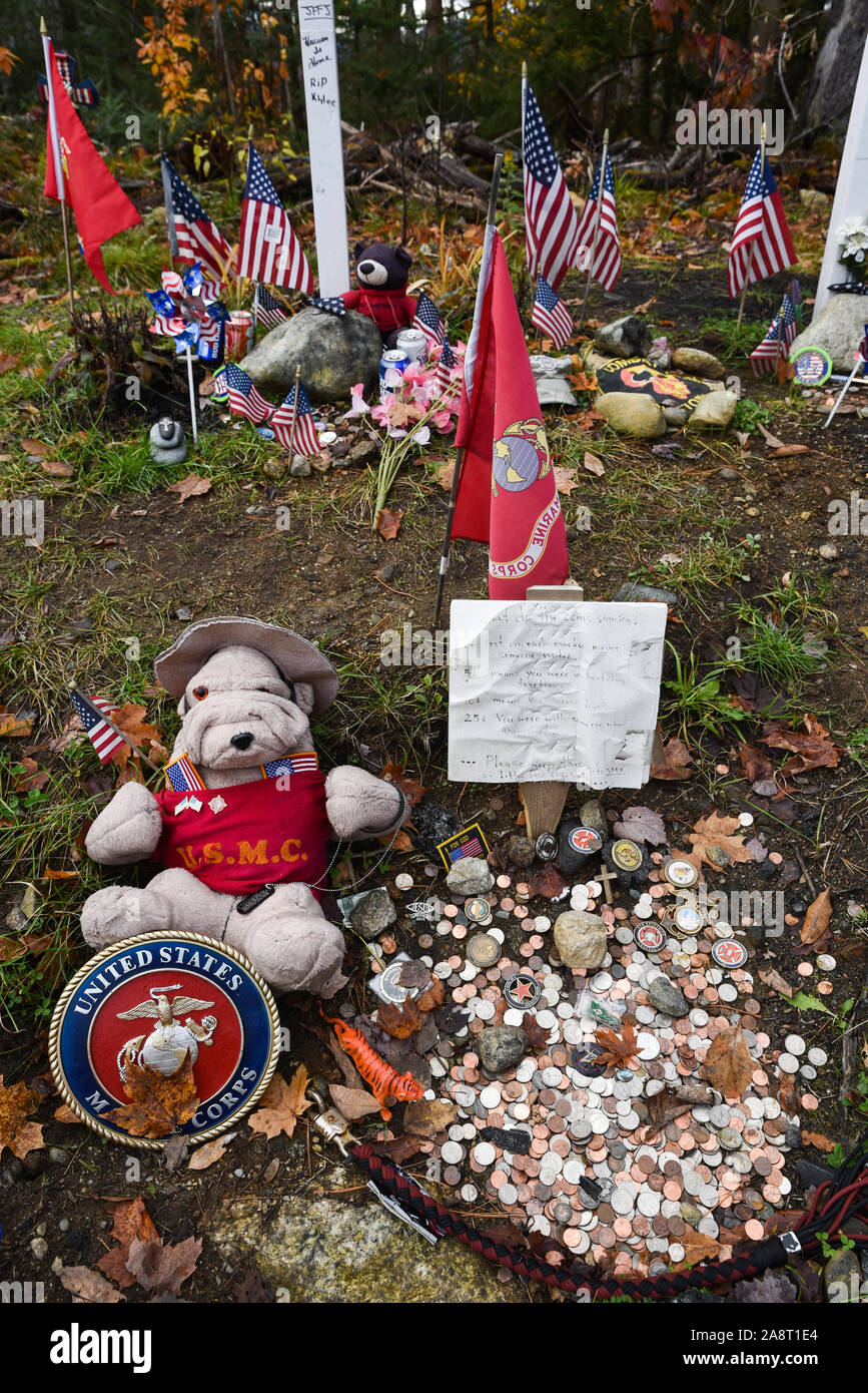 Roadside memorial to 'Fallen Seven', 7 motorcyclists with US Marine Corps connections killed in a traffic crash, US Route 2, Randolph, New Hampshire, Stock Photo