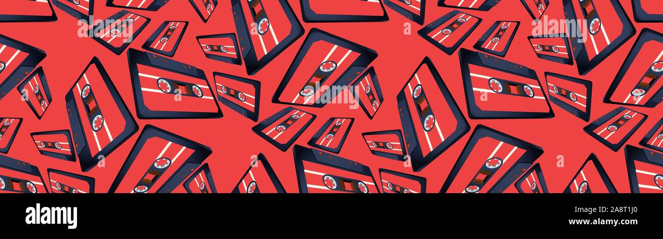 Compact cassette seamless pattern with floating or flying tape in perspective view Stock Vector