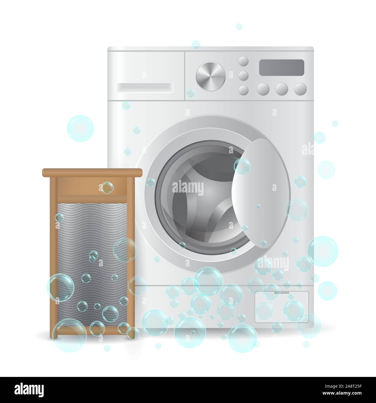 Vector realistic automatic closed washing-machine and wooden ribbed hand washboard isolated on white background with soap bubbles. Housework concept. Stock Vector