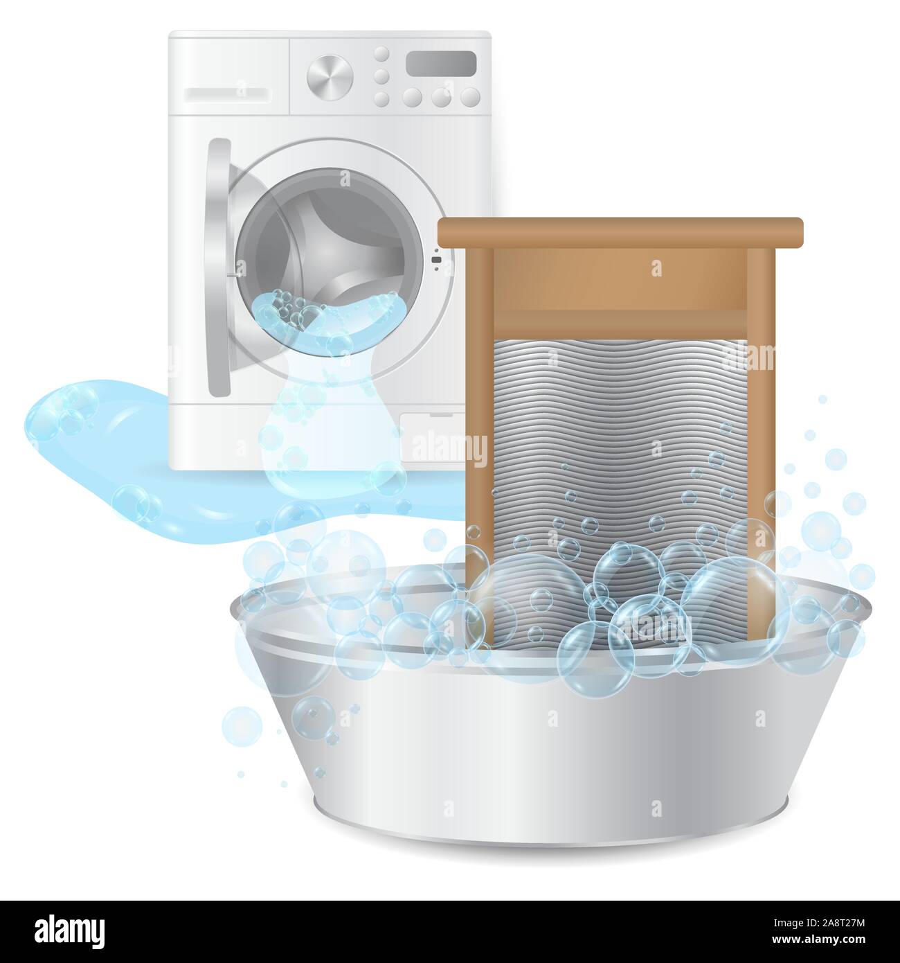 Vector Realistic Ribbed Hand Washboard In Metal Basin With
