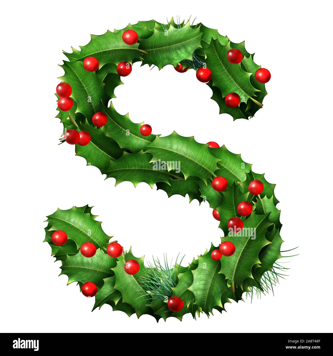 Holiday font letter S as a festive winter season decorated garland as a Christmas  or New Year seasonal alphabet lettering isolated on a white. Stock Photo