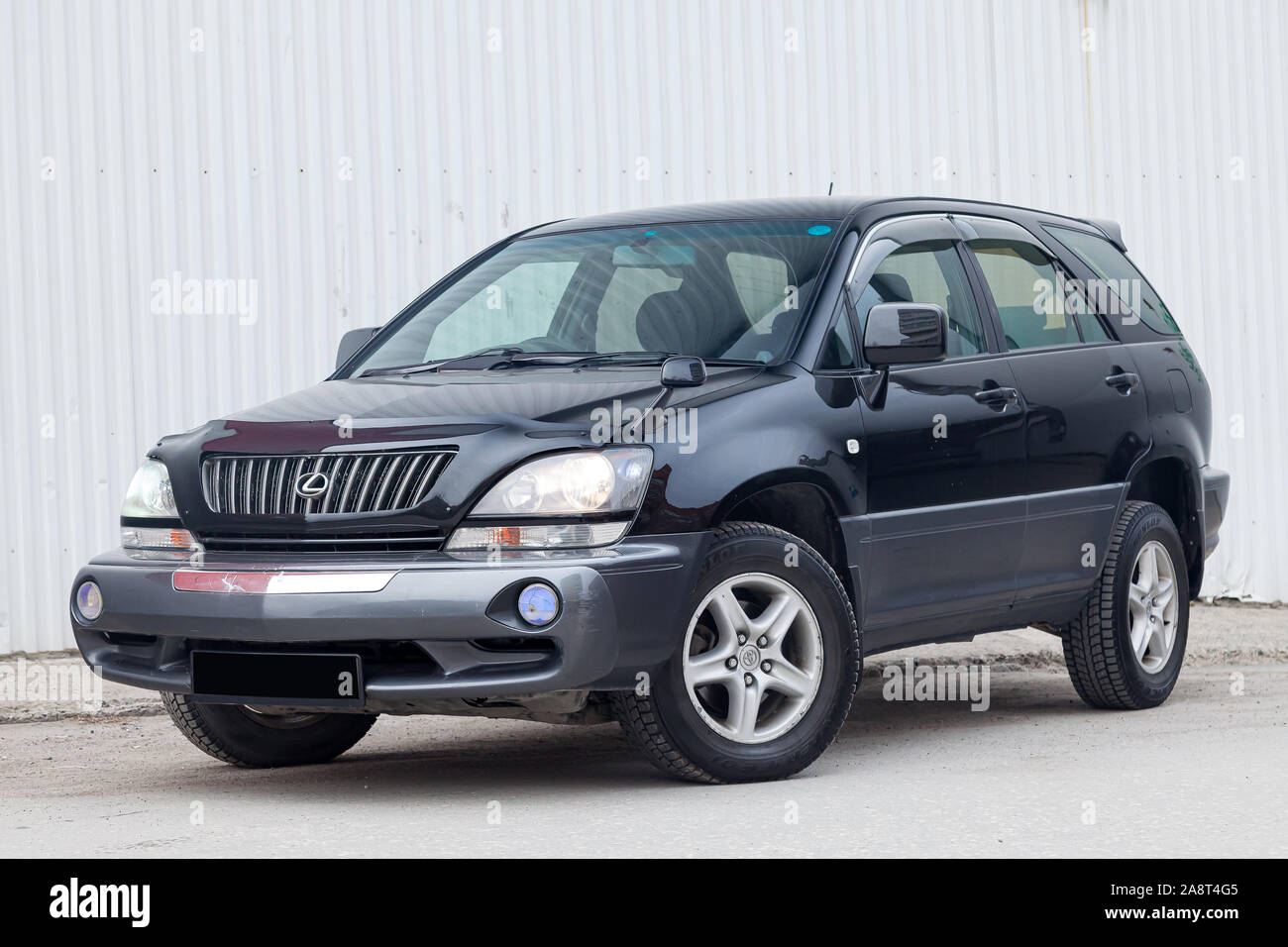 Novosibirsk, Russia - 11.05.2019: Black Toyota Harrier or Lexus RX300 1997 year front view with gray interior in excellent condition in a parking spac Stock Photo
