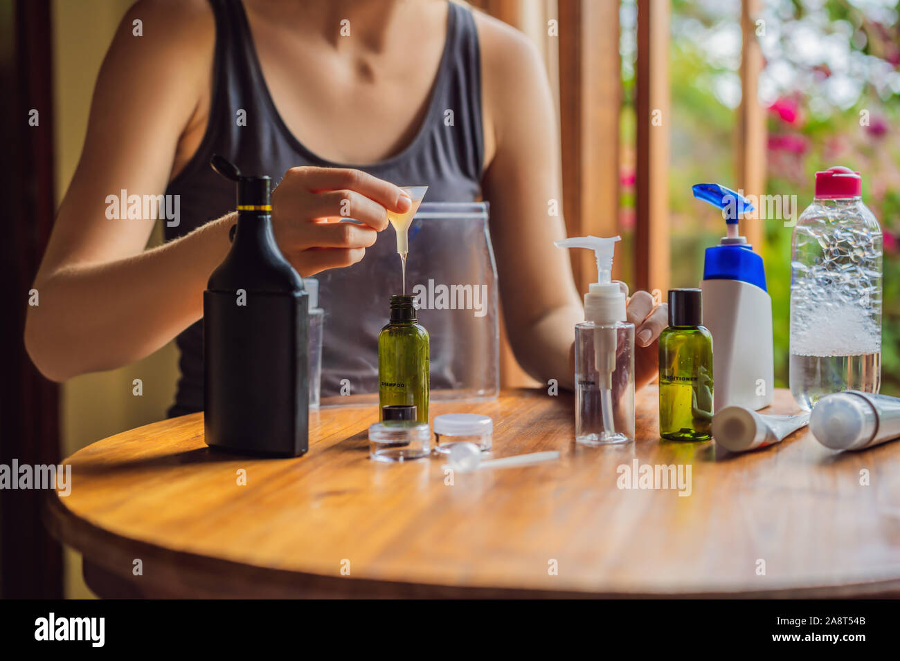 Travel kit for transporting cosmetics on an airplane. Cosmetics are