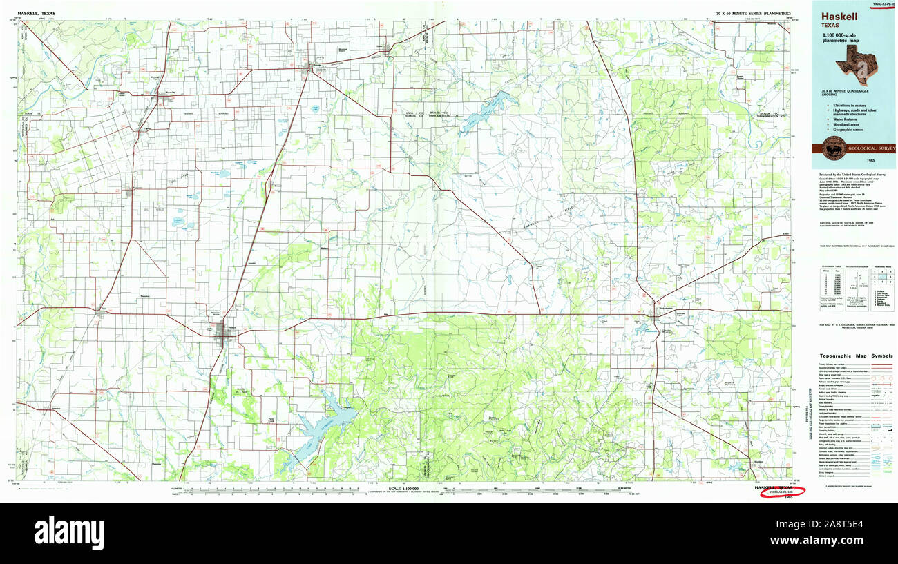 USGS TOPO Map Texas TX Haskell 117807 1985 100000 Restoration Stock Photo