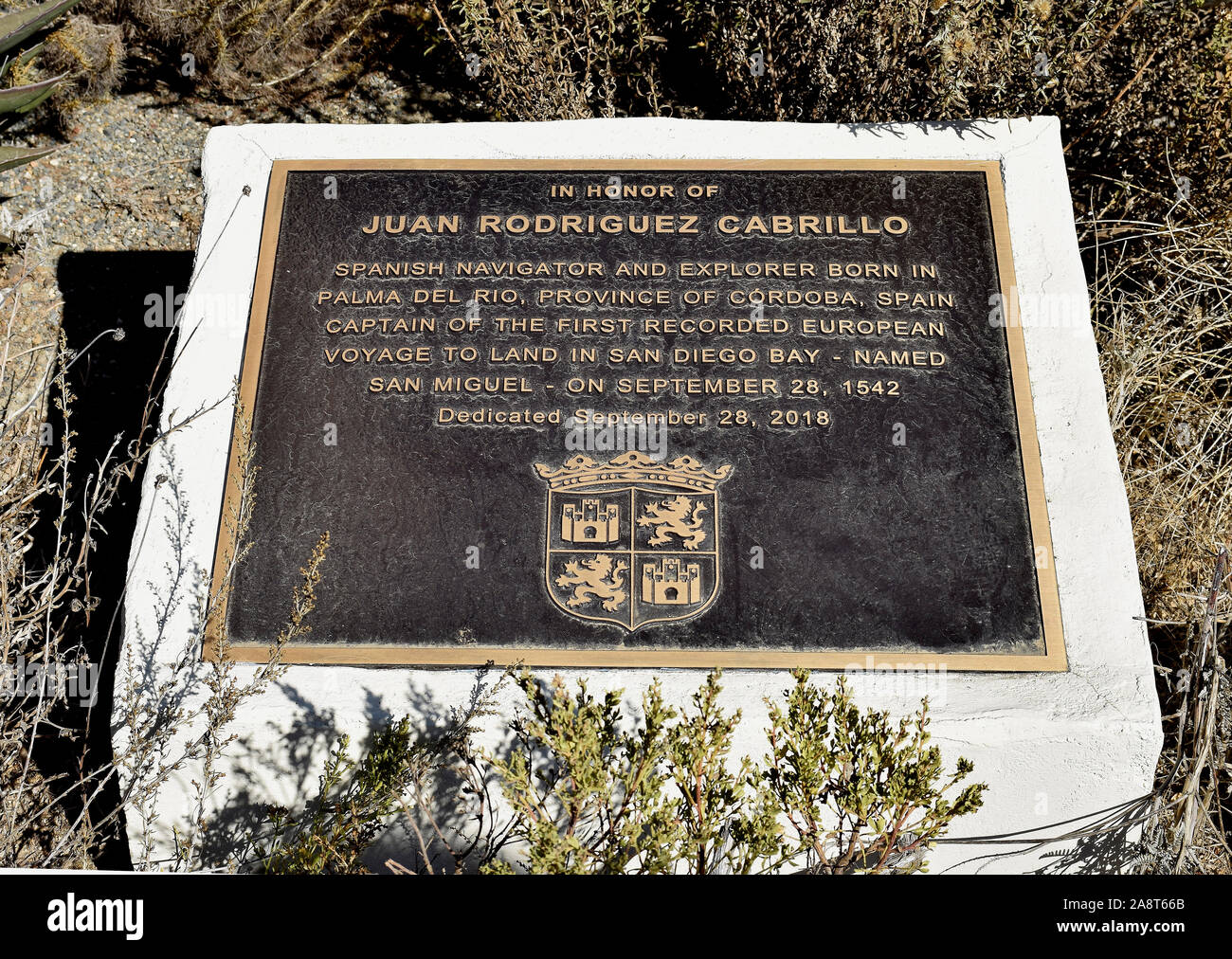 Cabrillo National Monument, plaque honoring Juan Rodriguez Cabrilllo, on Point Loma, San Diego, California Stock Photo