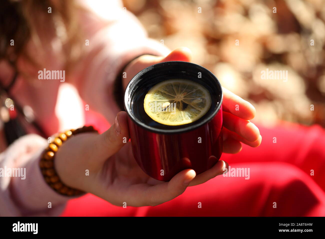 Children's hands hold a red mug with tea in the autumn park Stock Photo