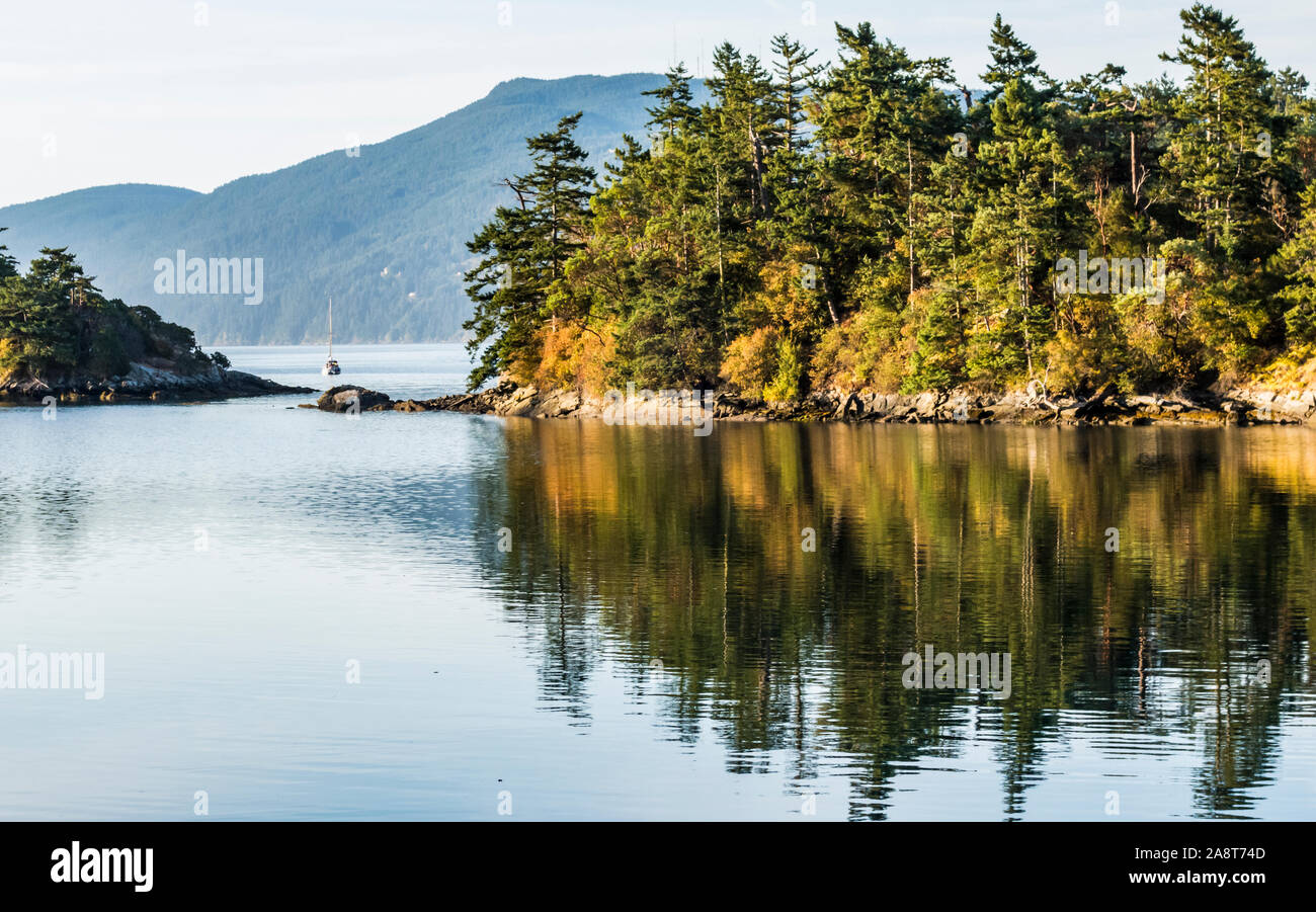 A view from Sucia Island looking south across Fossil Bay and the Salish Sea at Orcas Island, Washington, USA. Stock Photo