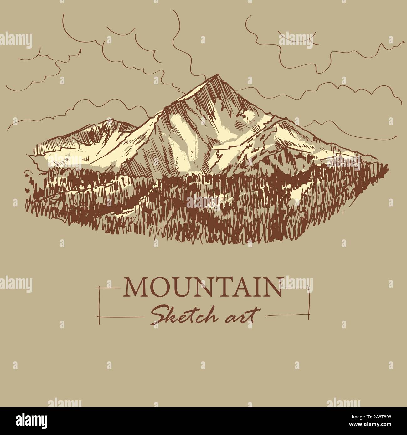 Brown toned modern stylized sketch of mountain, with forest and clouds, vector illustration Stock Vector