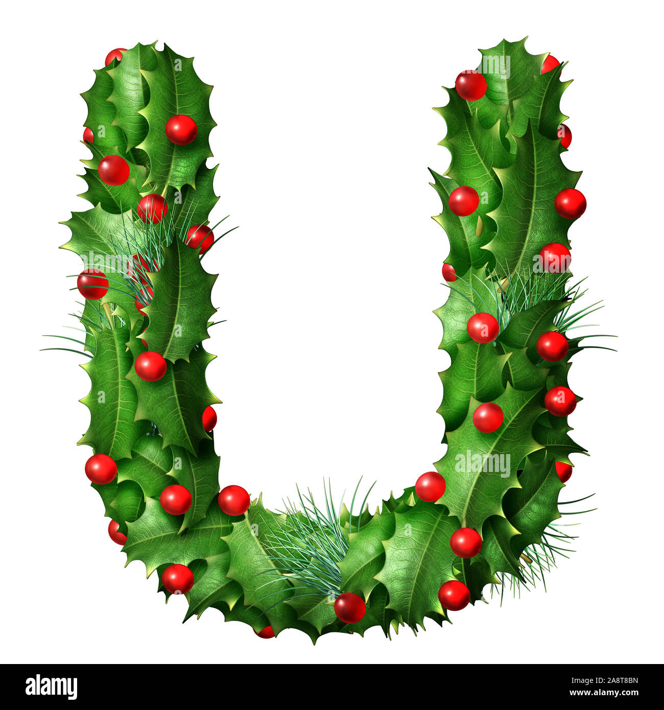 Holiday font letter U as a festive winter season decorated garland as a Christmas  or New Year seasonal alphabet lettering isolated on a white. Stock Photo