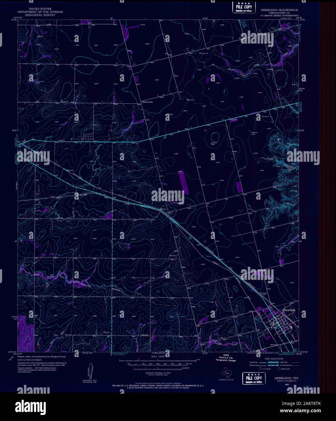 USGS TOPO Map Texas TX Hermleigh 110710 1952 24000 Inverted Restoration Stock Photo