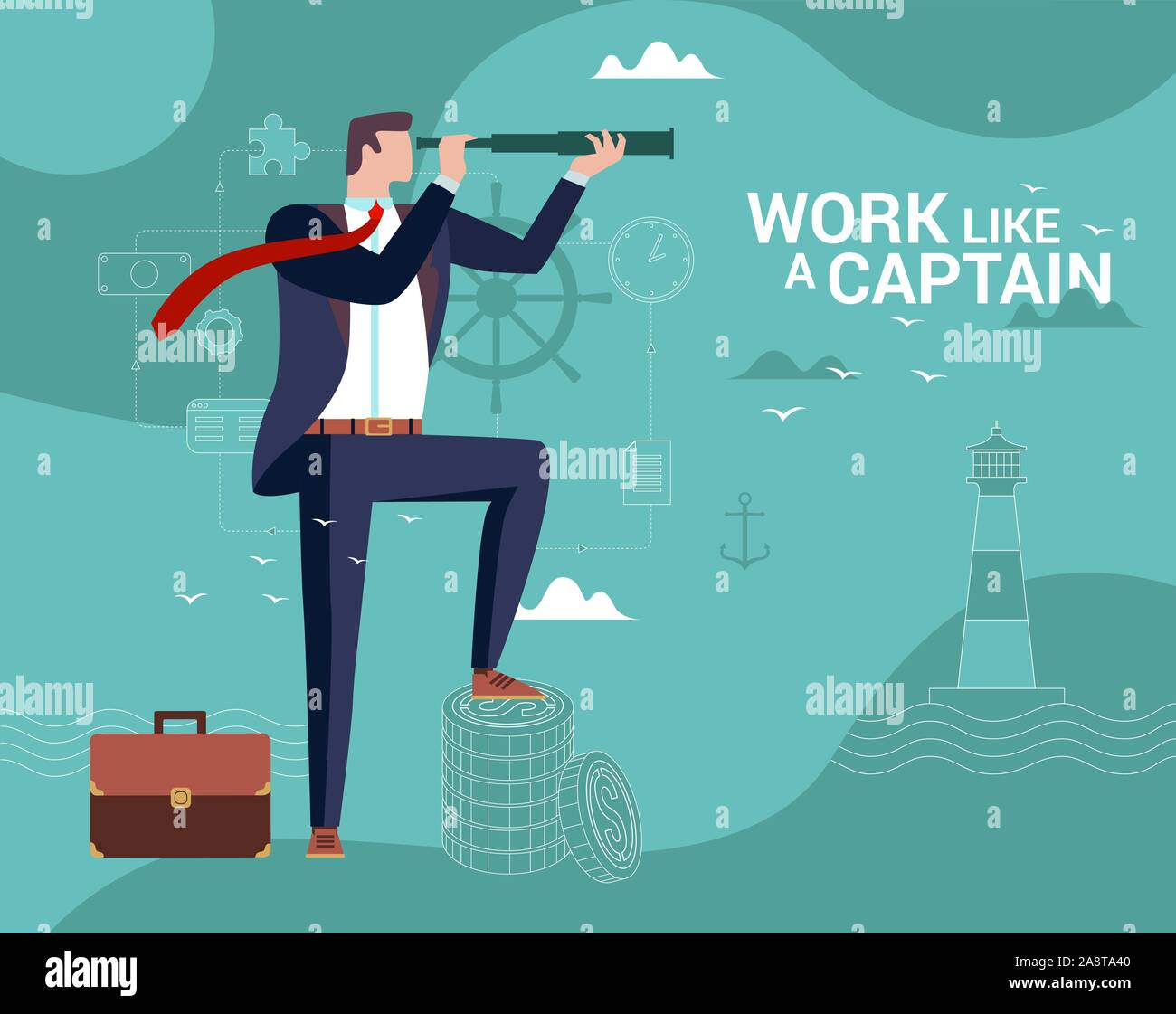 Concept Flat illustration. Businessman Captain Looks Through A Telescope. Work like a Captain word Stock Vector