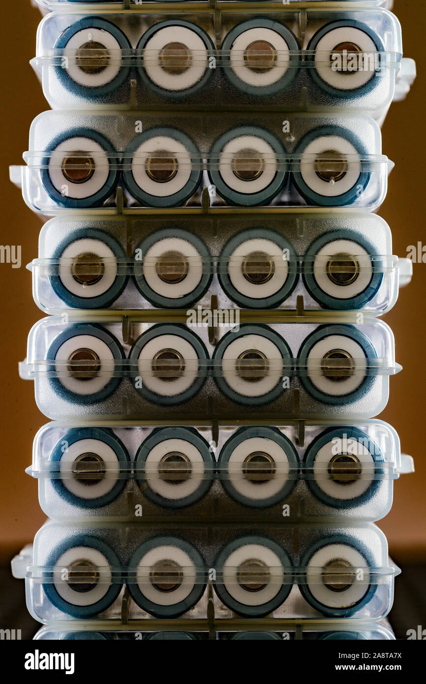 nickel metal hydrice AA batteries cells in plastic holders Stock Photo