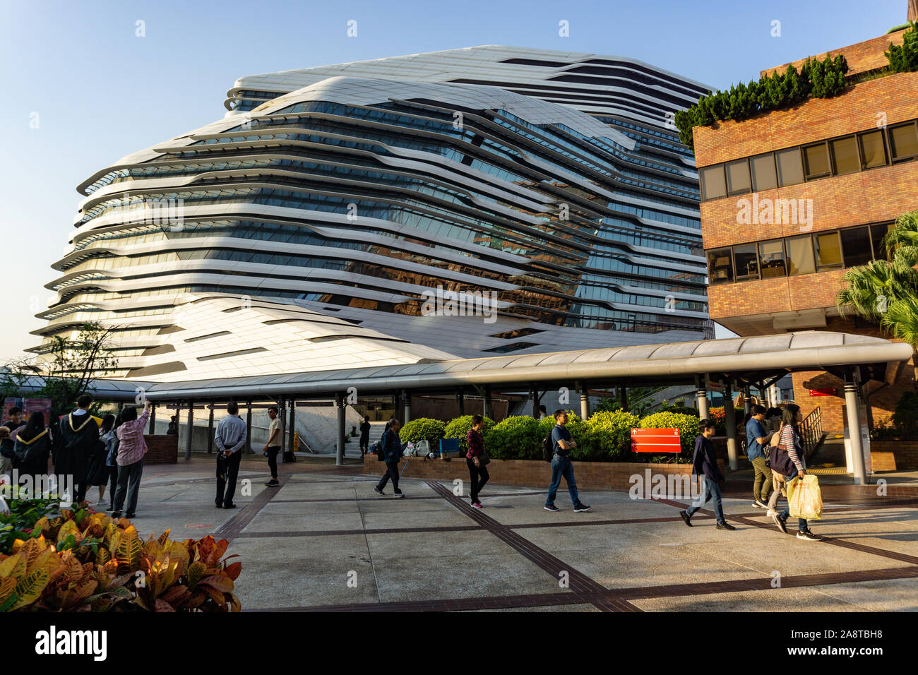 Architecture by Pritzker award-winning architect Zaha Hadid, Jockey Club Innovation Tower in Hong Kong Stock Photo