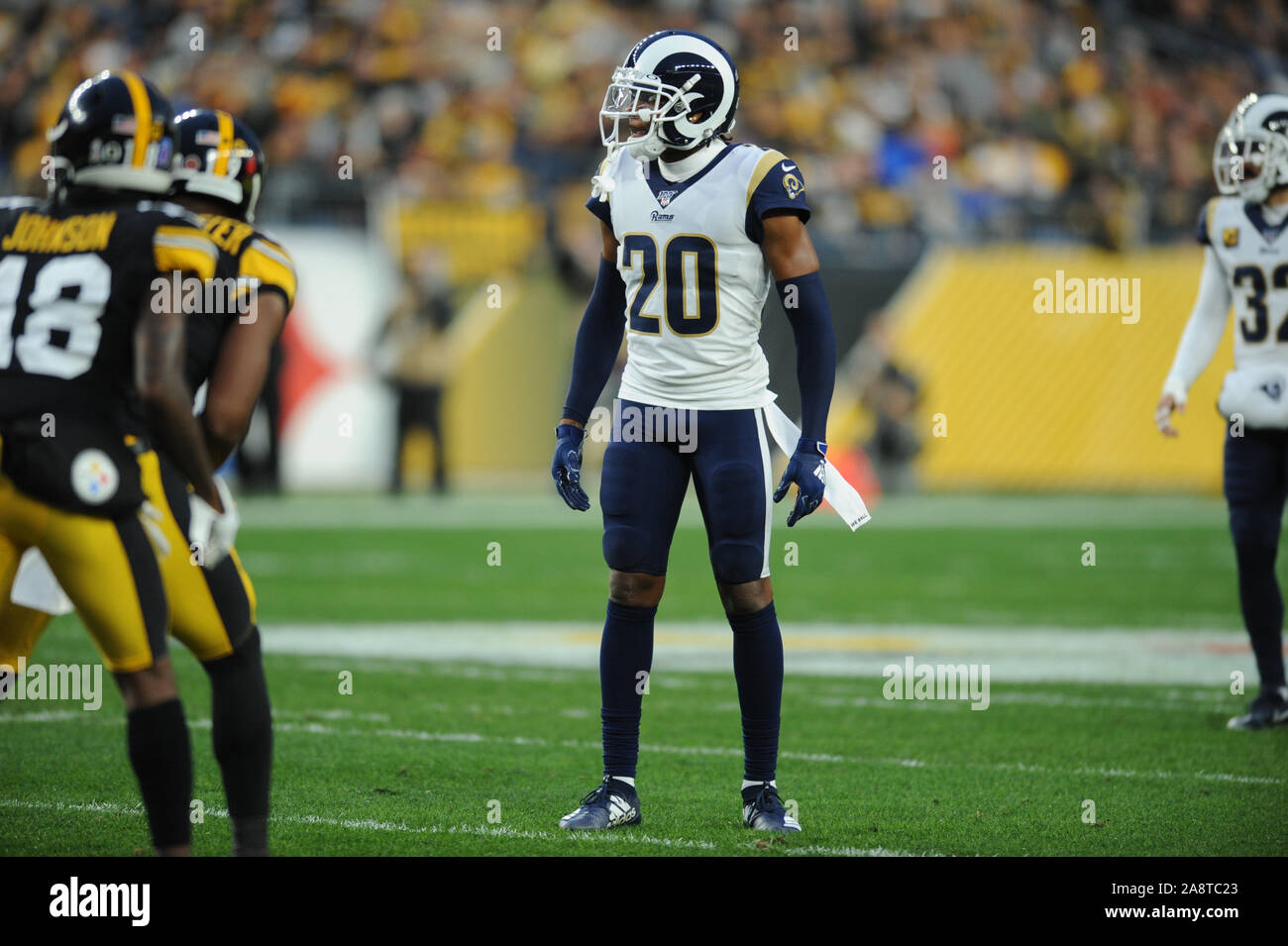 Pittsburgh, PA, USA. 10th Nov, 2019. Jalen Ramsey #20 (CB) during the Pittsburgh Steelers vs Los Angeles Rams at Heinz Field in Pittsburgh, PA. Jason Pohuski/CSM/Alamy Live News Stock Photo