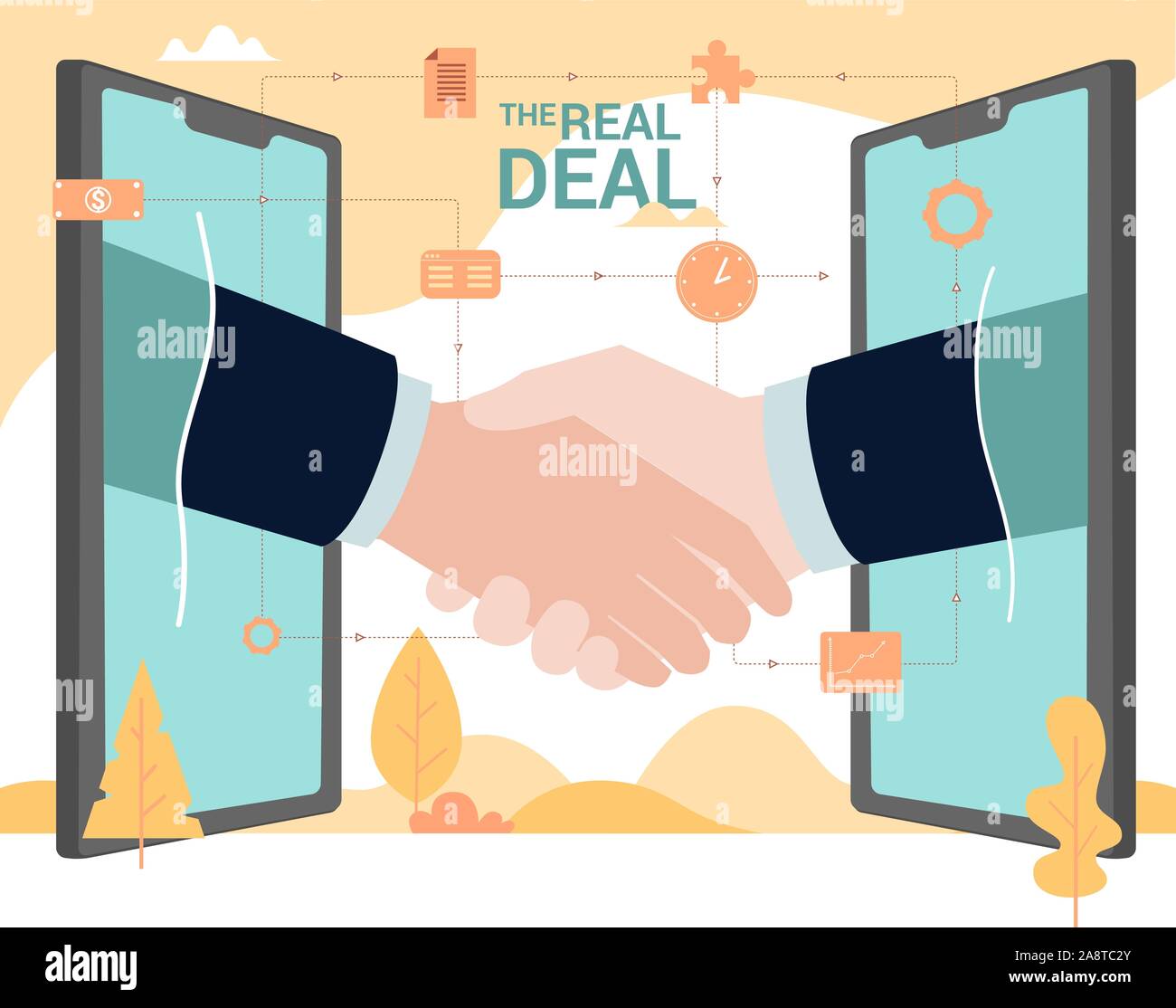 Concept Flat illustration. Business Partners hand come out of smartphones and handshake. The Real Deal words. Stock Vector