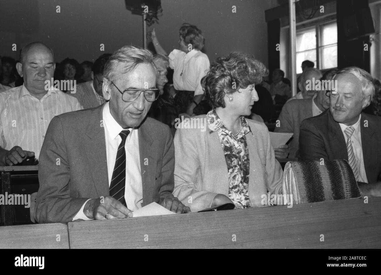 Two polish prime ministers, Tadeusz Mazowiecki and Hanna Suchocka, black and white archival photo. 1991, Poznan, Poland. Stock Photo