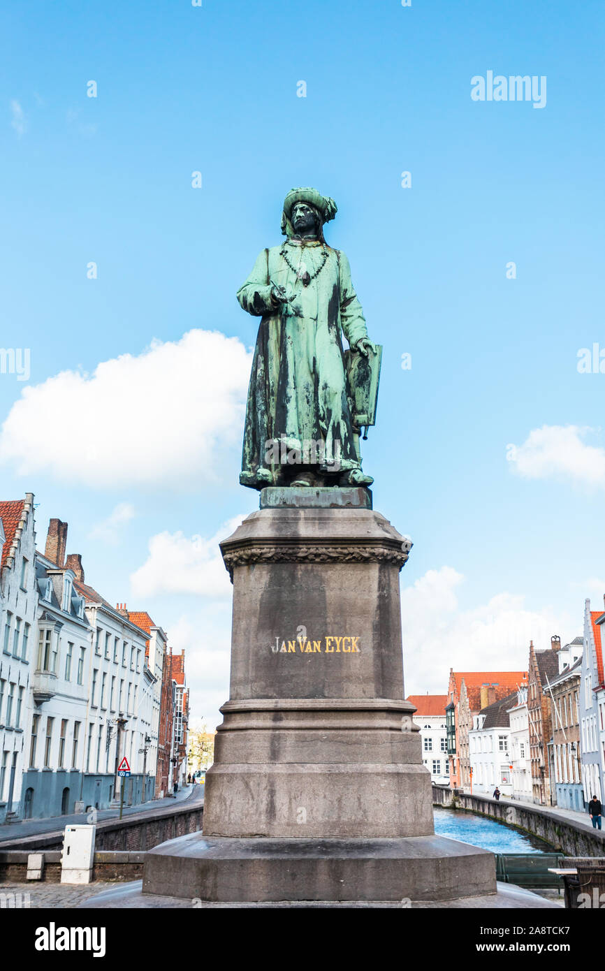 Monument of famous artist Jan Van Eyck on Square Jan van Eyckplein in Bruges,  Belgium Stock Photo - Alamy