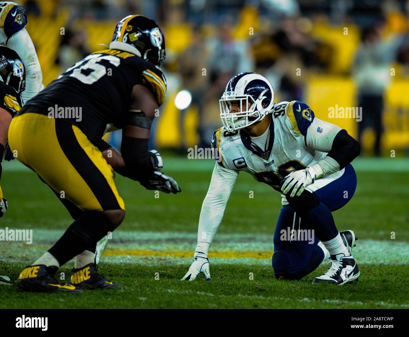 Pittsburgh, PA, USA. 10th Nov, 2019. Aaron Donald #99 (DT) during the Pittsburgh Steelers vs Los Angeles Rams at Heinz Field in Pittsburgh, PA. Jason Pohuski/CSM/Alamy Live News Stock Photo