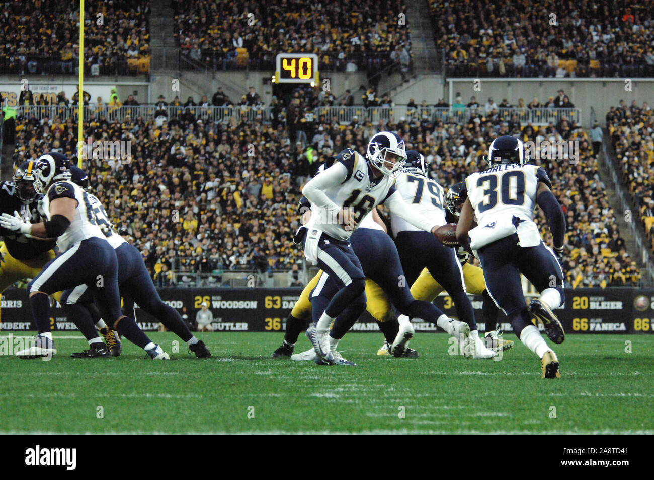 Pittsburgh, PA, USA. 10th Nov, 2019. Jared Goff #16 (QB) during the Pittsburgh Steelers vs Los Angeles Rams at Heinz Field in Pittsburgh, PA. Jason Pohuski/CSM/Alamy Live News Stock Photo
