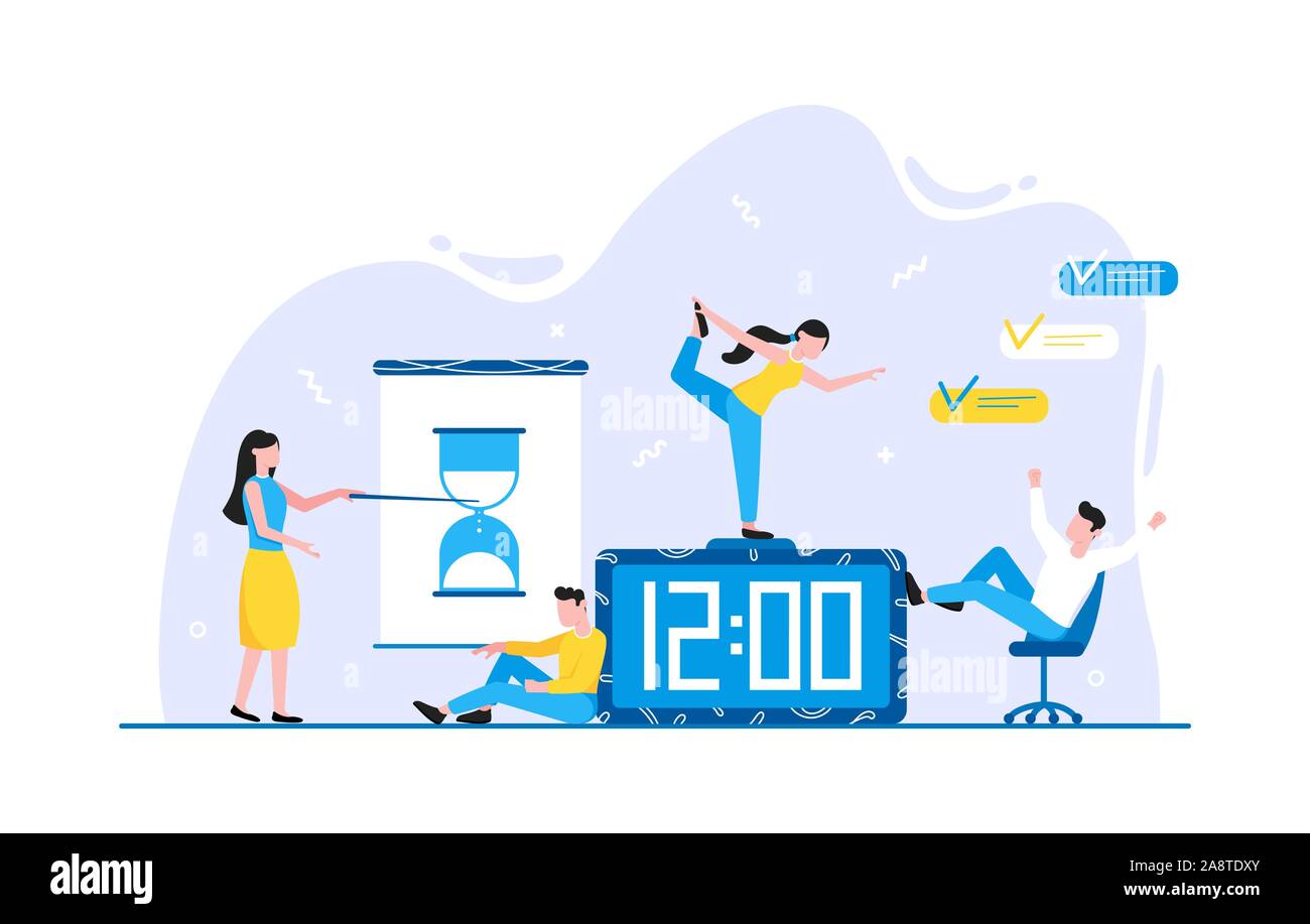 Tiny people characters working together with calendar schedule and fill