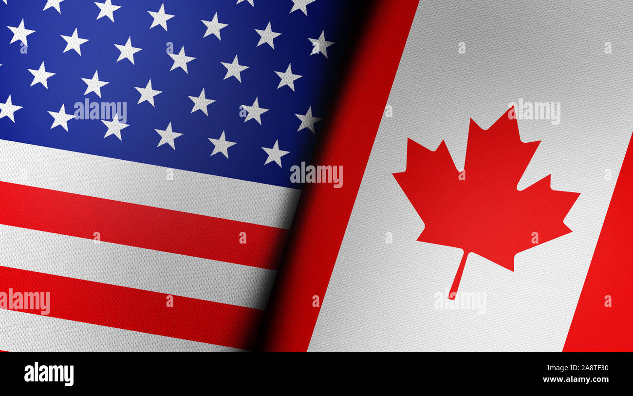 American and Canadian flags are paired together. Realistic 3D lighting ...