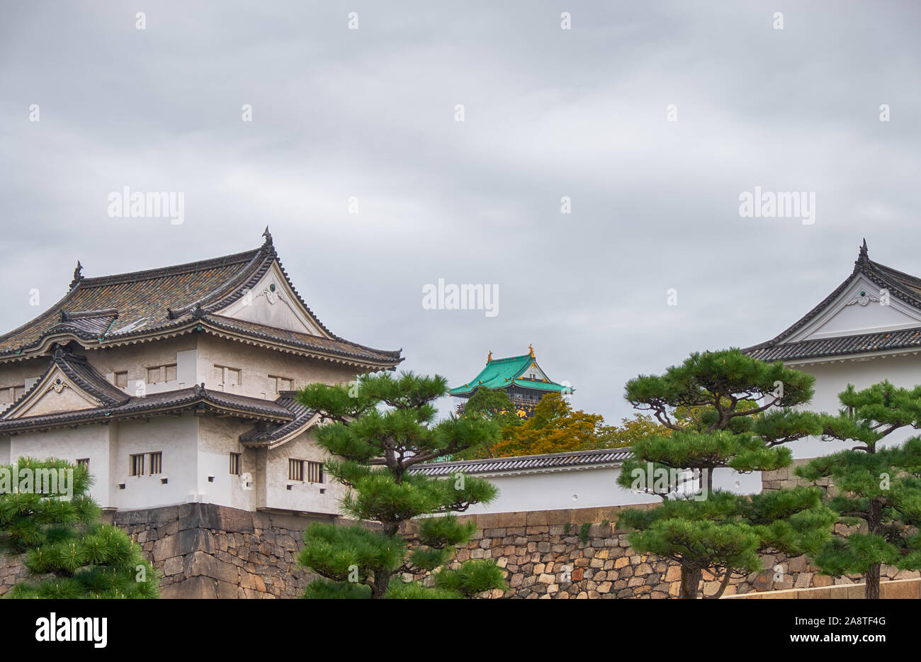 Sengan-yagura Turret atop the sloped stone wall near the Otemon Gate of Osaka Castle. Chuo-ku. Osaka. Japan Stock Photo