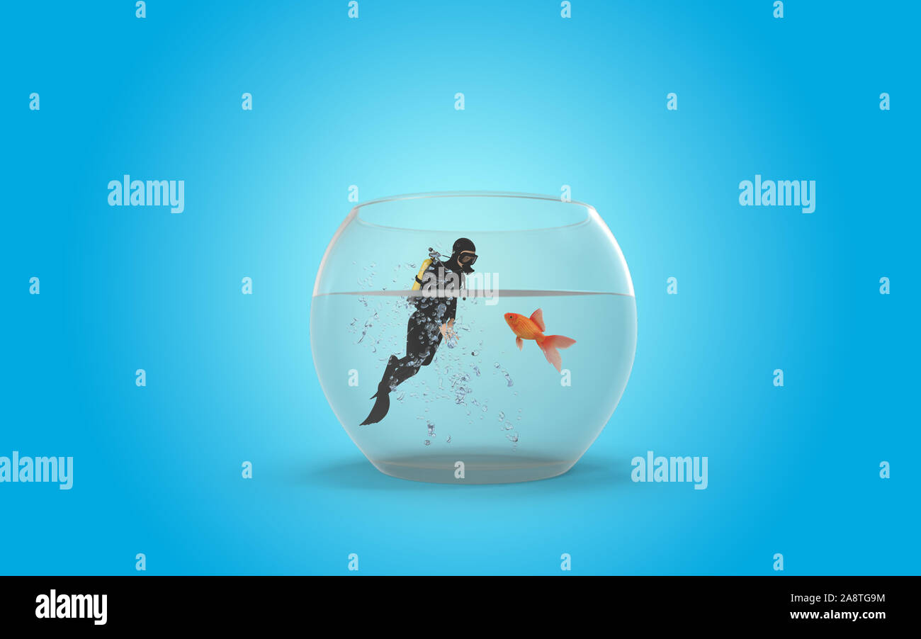 3D Diver in an aquarium symbolizes communication, global finance ... - Dive Date Diving Watch Goldfish Aquarium Decoration