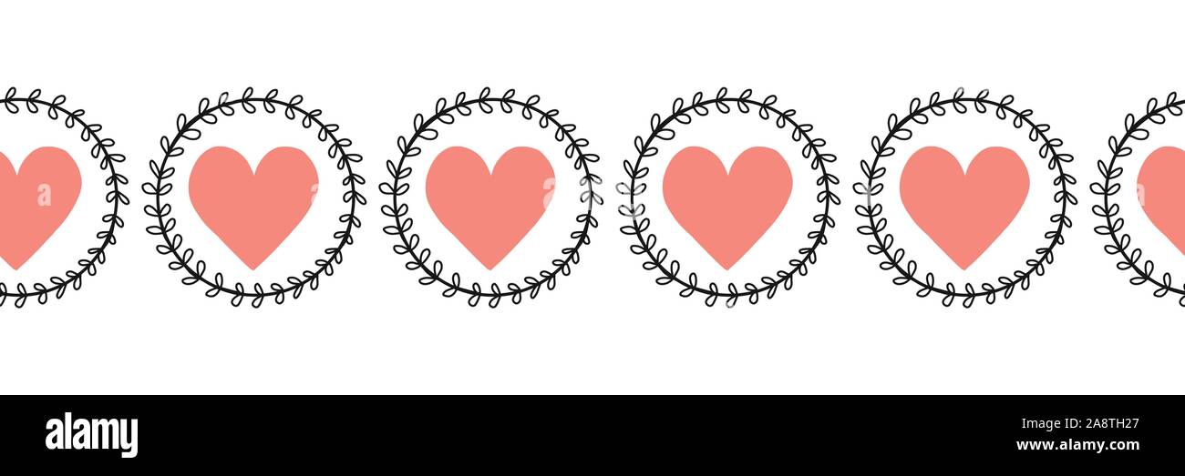Doodle Hearts seamless vector border hand drawn. Pink heart shapes in ...