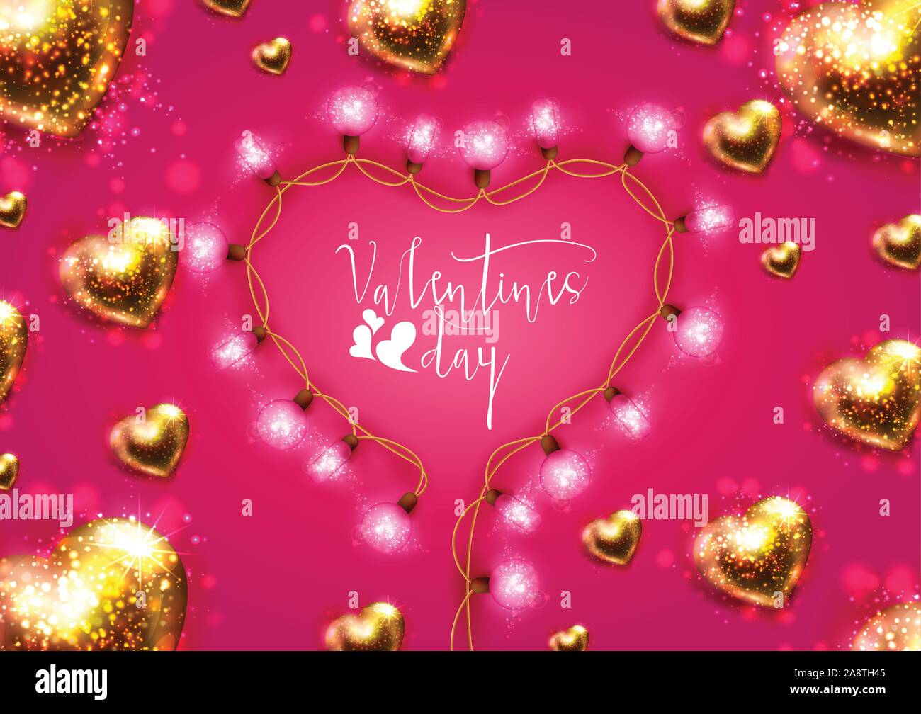 Happy Saint Valentine's day card with heart shaped light bulbs on pink  background. Holiday illuminated frame made of garland wire - Vector  illustratio Stock Vector Image & Art - Alamy