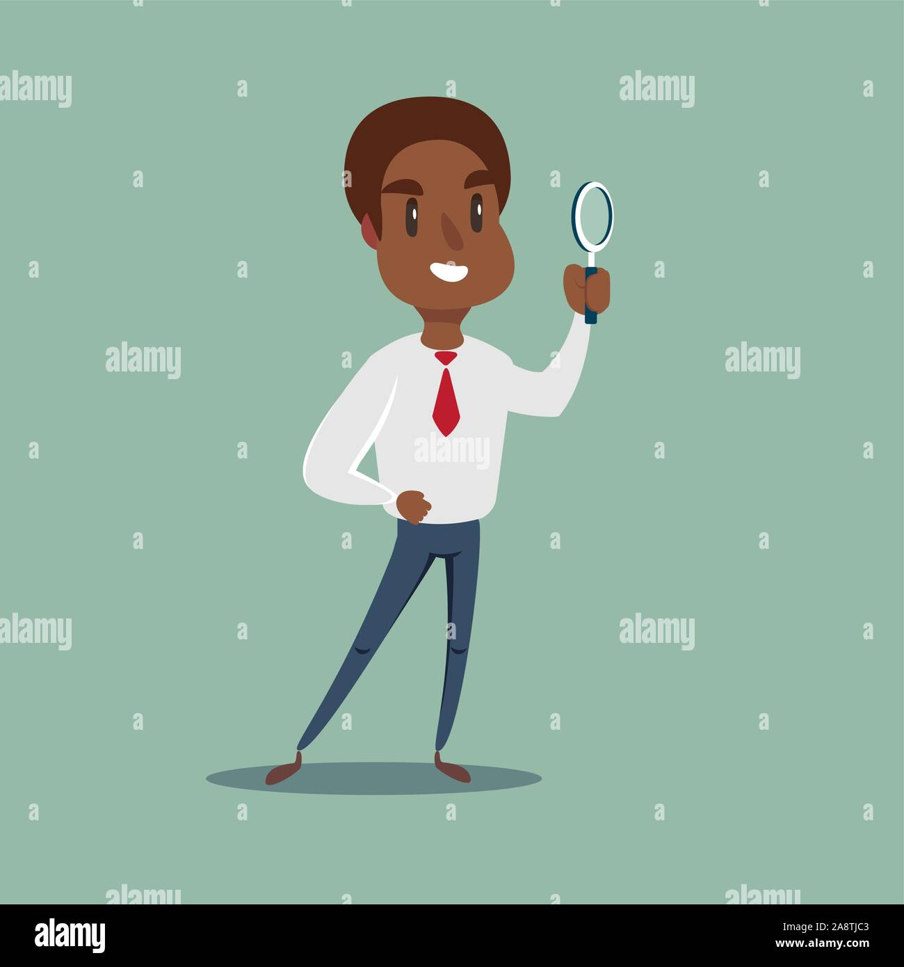 African Manager character looking through a magnifying glass. Stock Vector