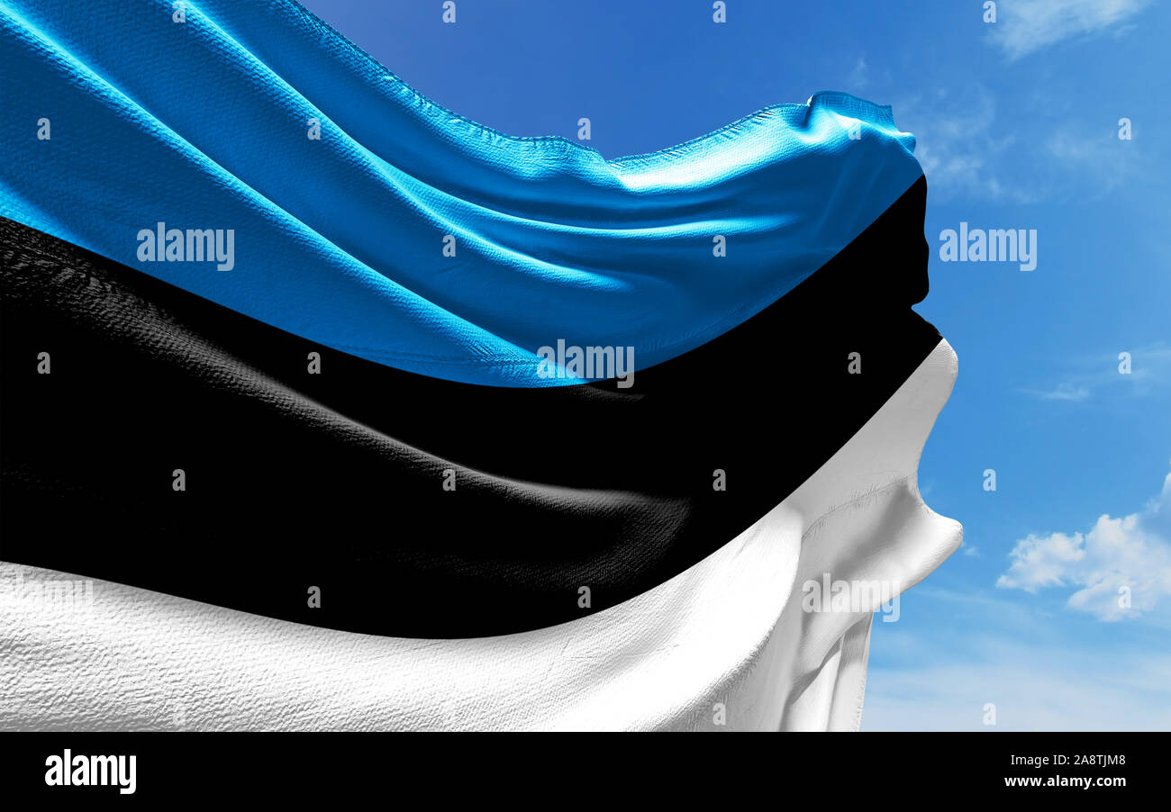 Estonian flag is waving against blue sky with clouds. Realistic ...