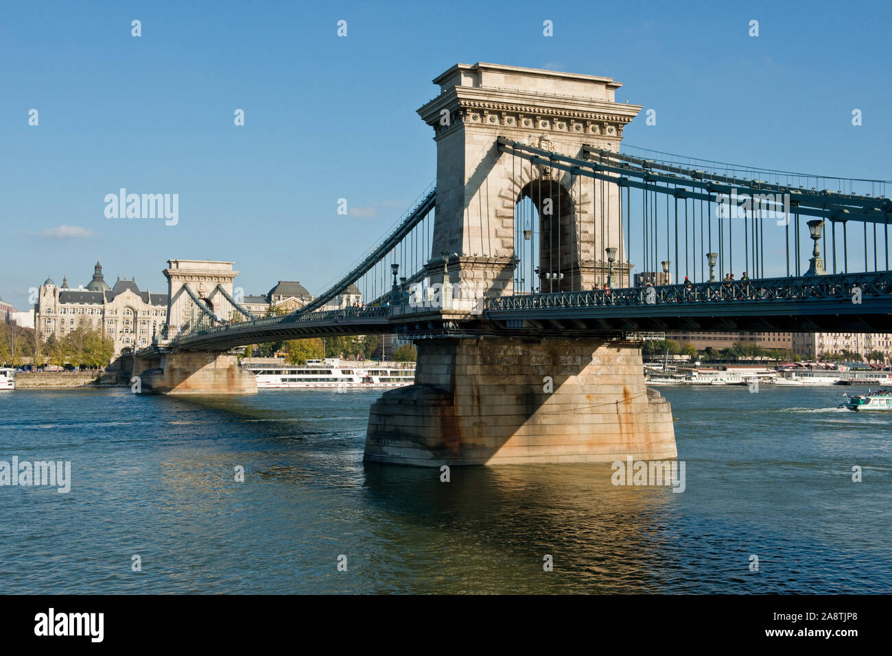 Szechenyi Chain Birdge looking toward Pest and the Gresham Palace. Budapest Stock Photo