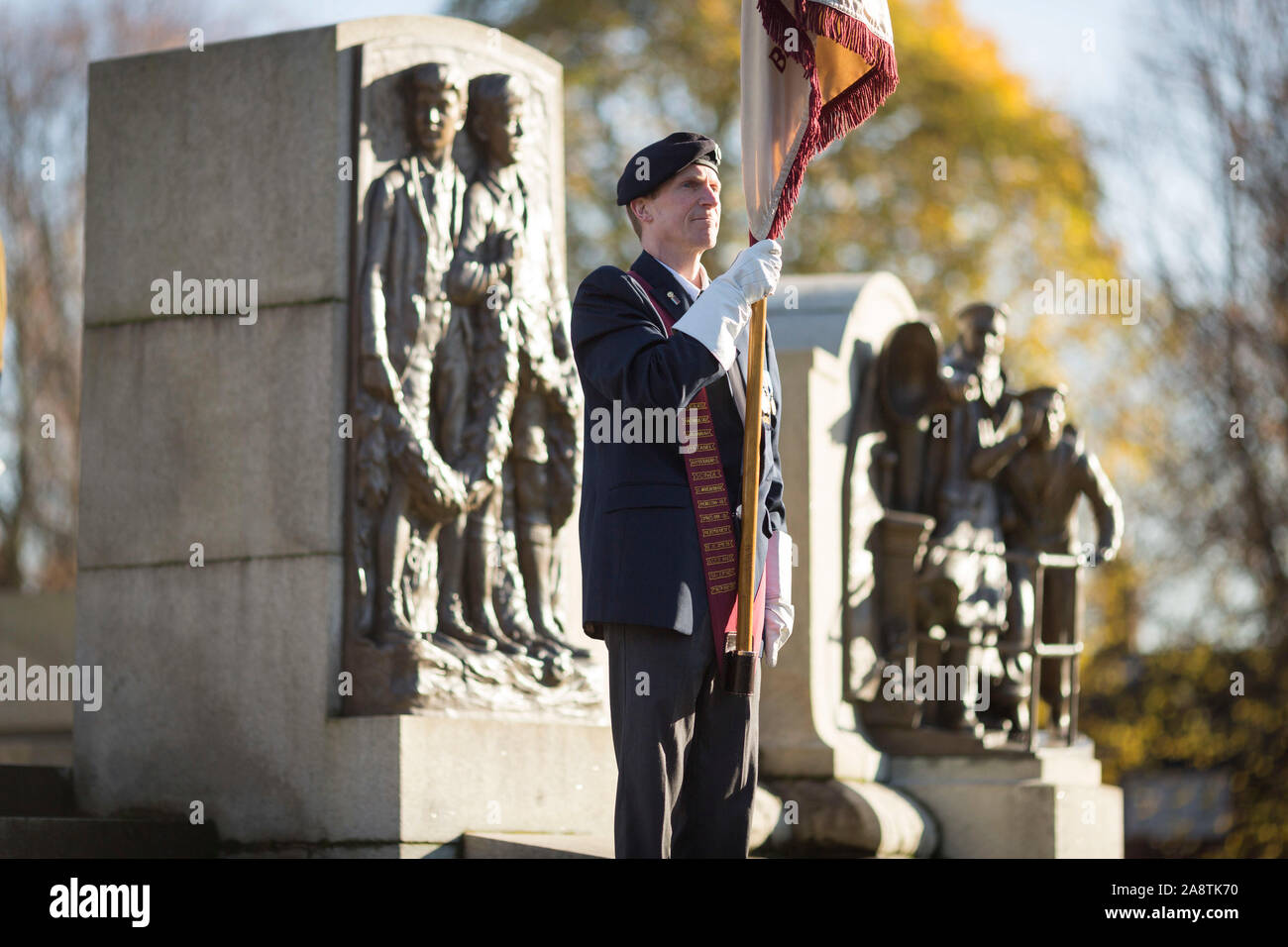 Remembrance Sunday parade and service at Port Sunlight War Memorial, Port Sunlight, Wirral, Merseyside, England Stock Photo