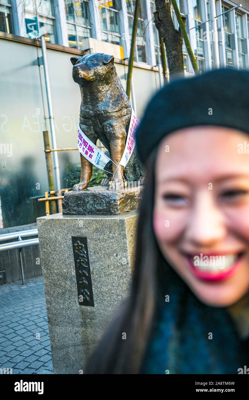 Hachiko monument, view of bronze statue of Hachiko at Shibuya Station. Hachiko was a famous dog who waited for owner after his death. Shibuya, Tokyo, Stock Photo