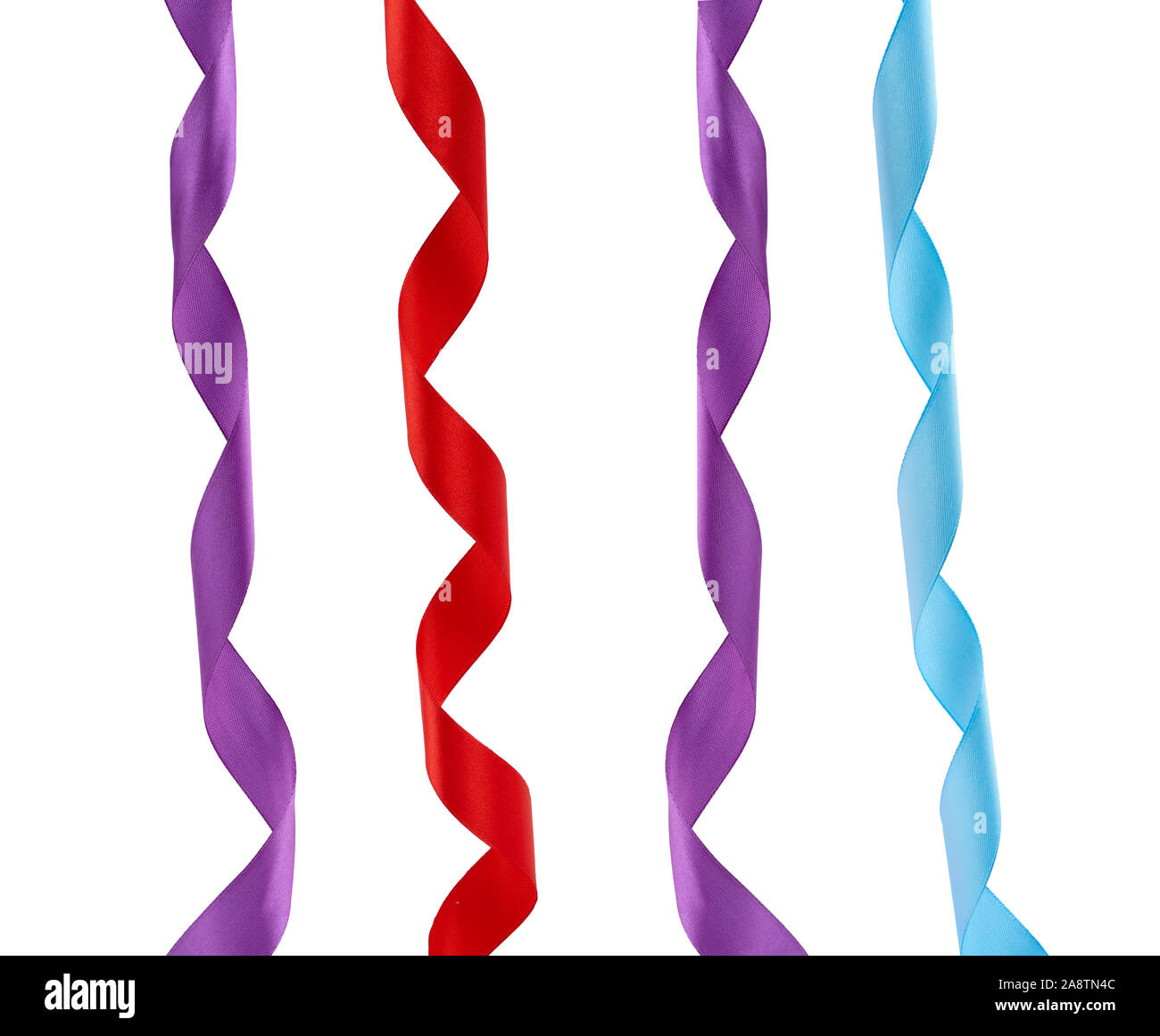 blue, red and purple satin twisted ribbons isolated on white background ...