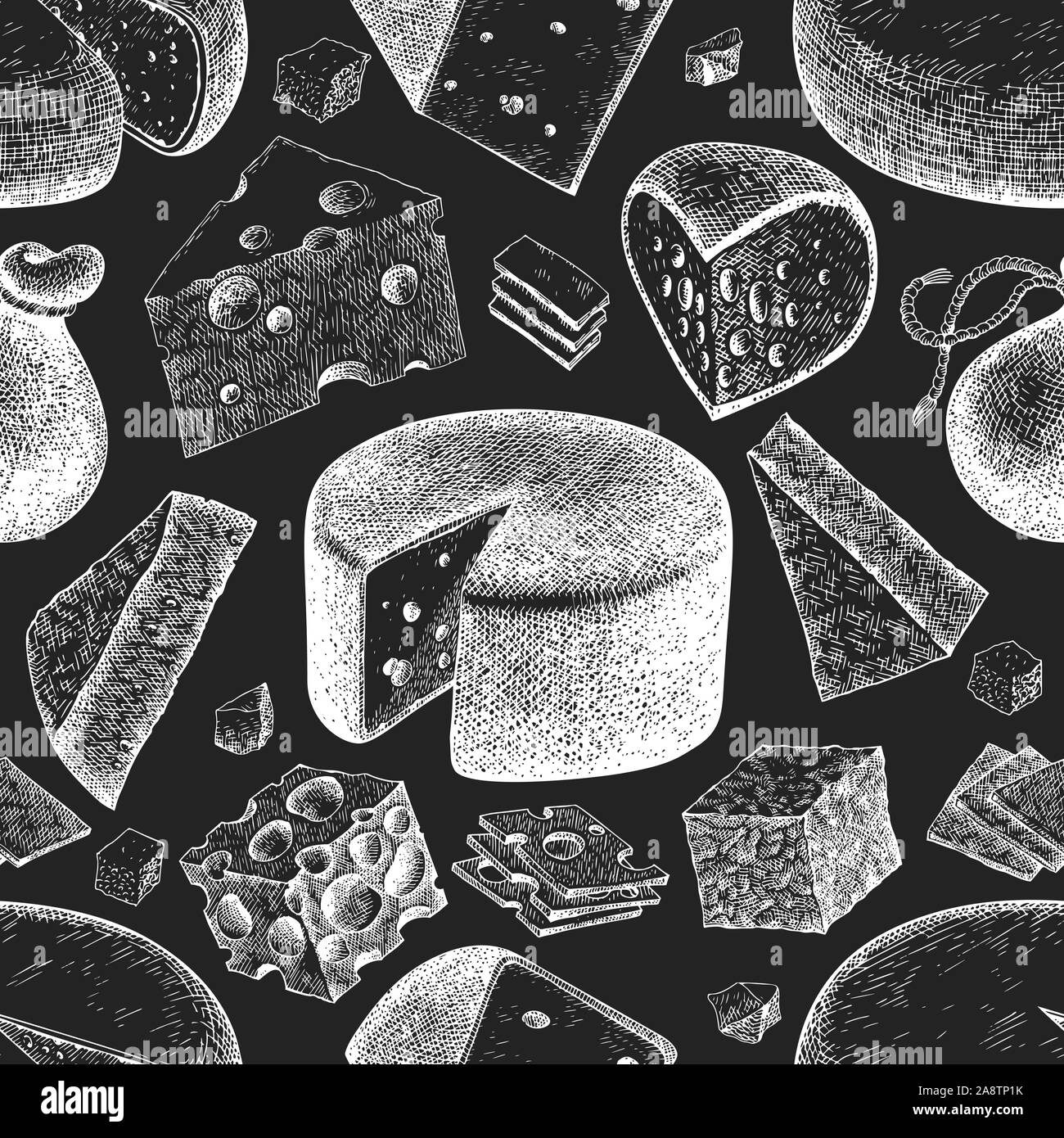 Cheese seamless pattern. Hand drawn vector dairy illustration on chalk