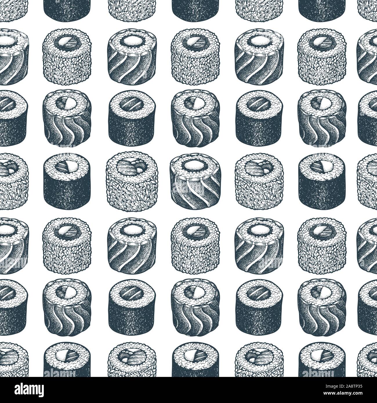 Sushi seamless pattern. Hand drawn vector illustrations. Japanese ...