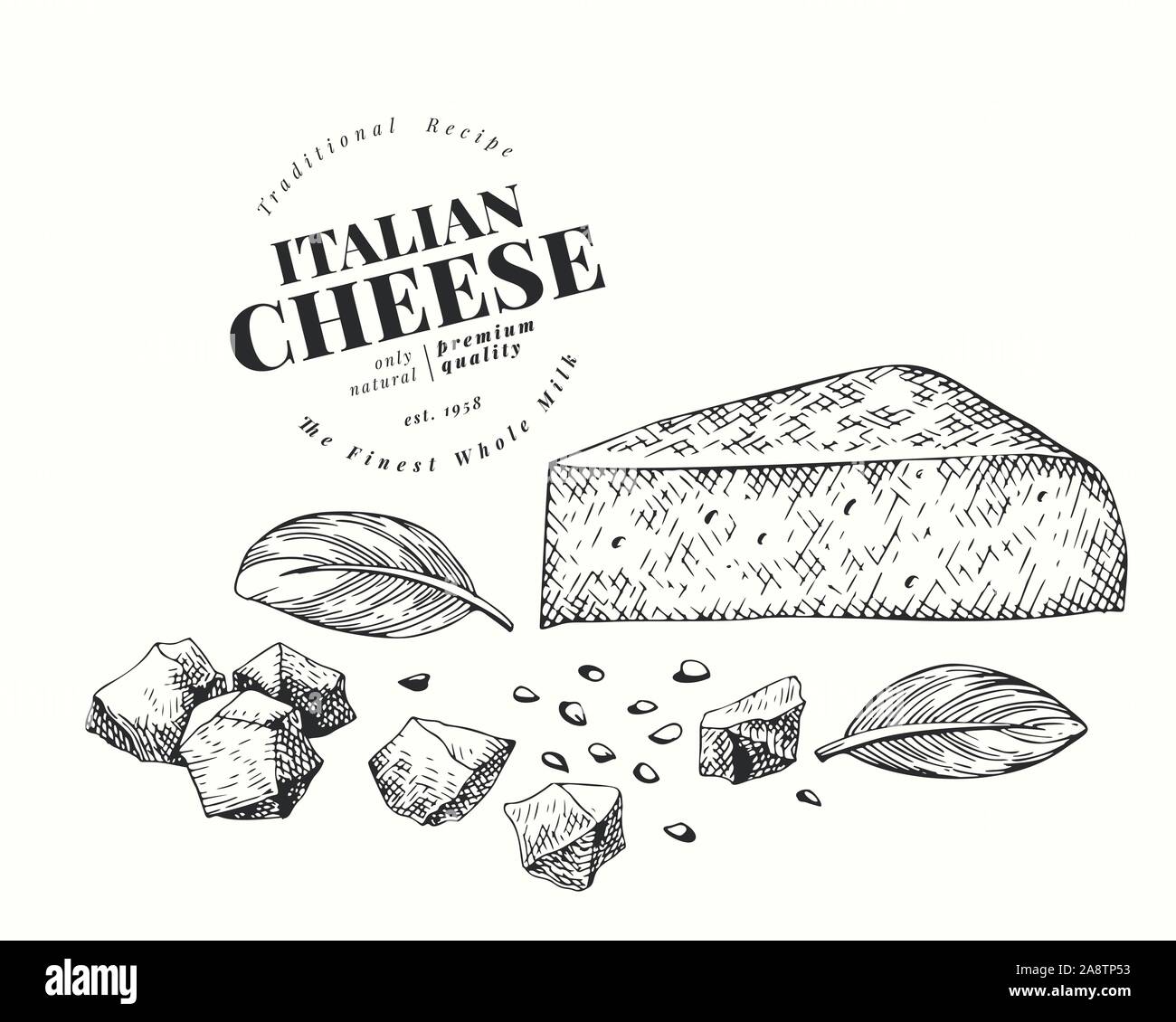 Italian cheese chunk illustration. Hand drawn vector dairy illustration