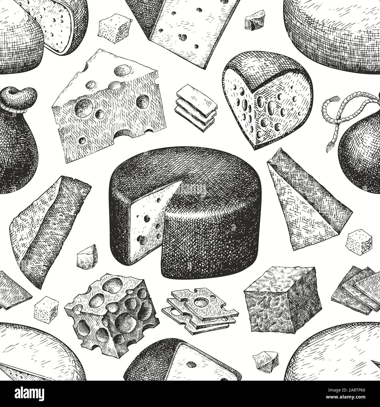 Cheese seamless pattern. Hand drawn vector dairy illustration. Engraved ...