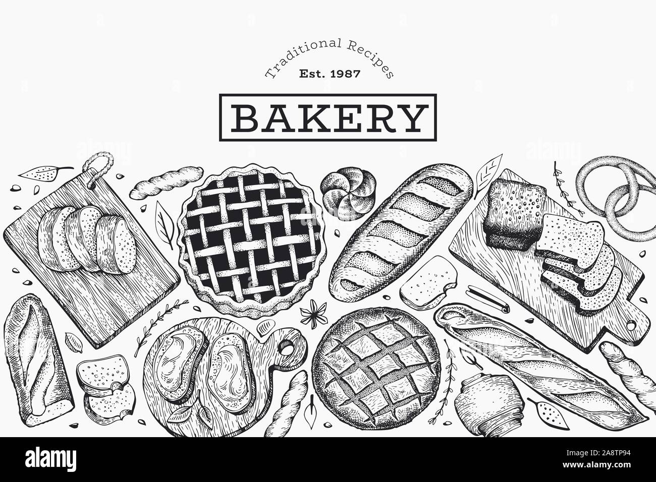 Bread and pastry banner. Vector bakery hand drawn illustration. Retro ...