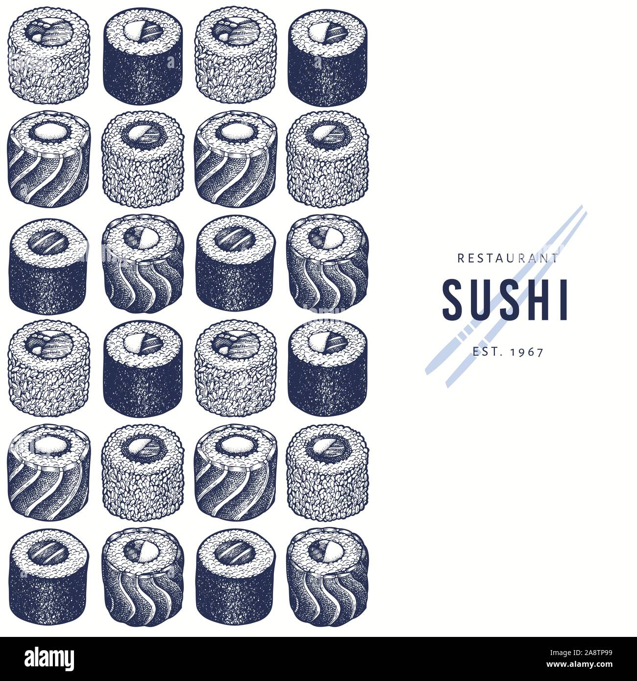 Sushi design template. Hand drawn vector illustrations. Japanese ...