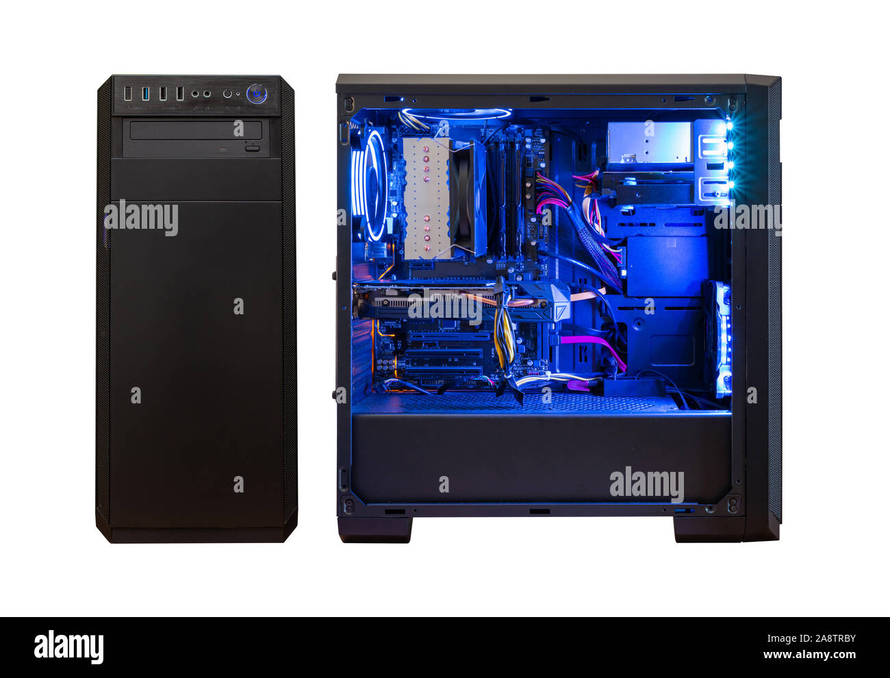 Gaming computer isolated. Modern computer case with components. Front and  side view. RGB light Stock Photo - Alamy