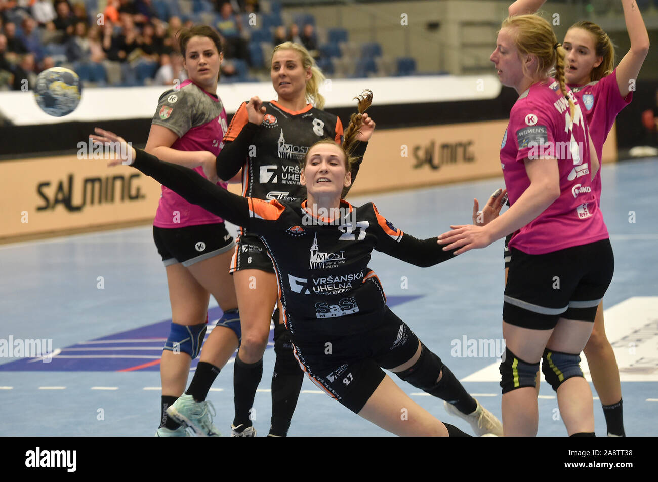 Chomutov, Czech Republic. 10th Nov, 2019. L-R Natasa Ljepoja of Krim,  Michaela Borovska and Alica Kostelna of Most and Harma Van Kreij of Krim in  action during the women's handball Champions League