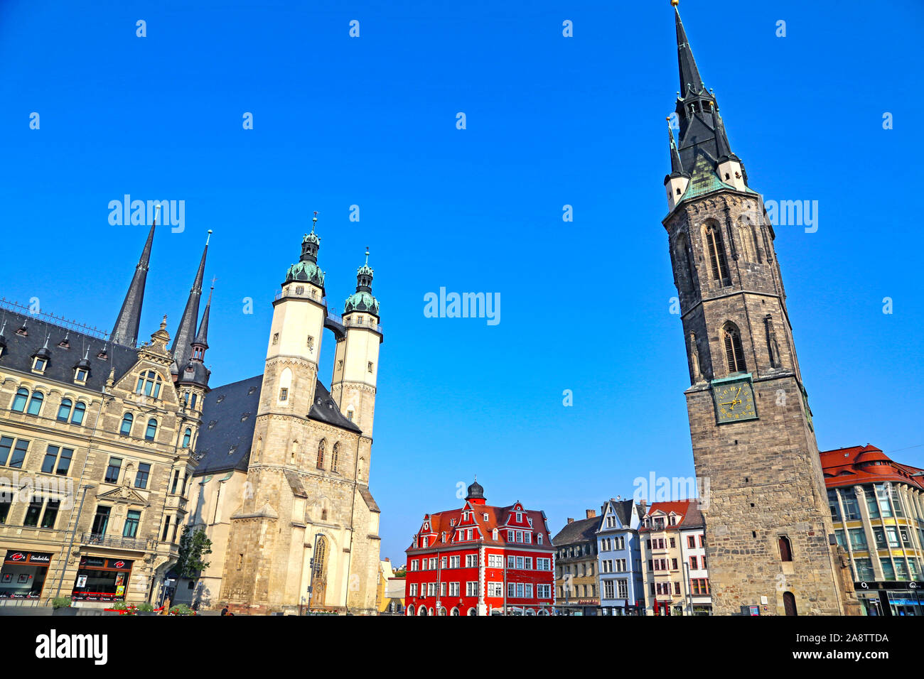 Halle/Saale, Germany-August 25, 2019: Central Market Square with Red Tower and Market Church, St. Mary's Church Stock Photo