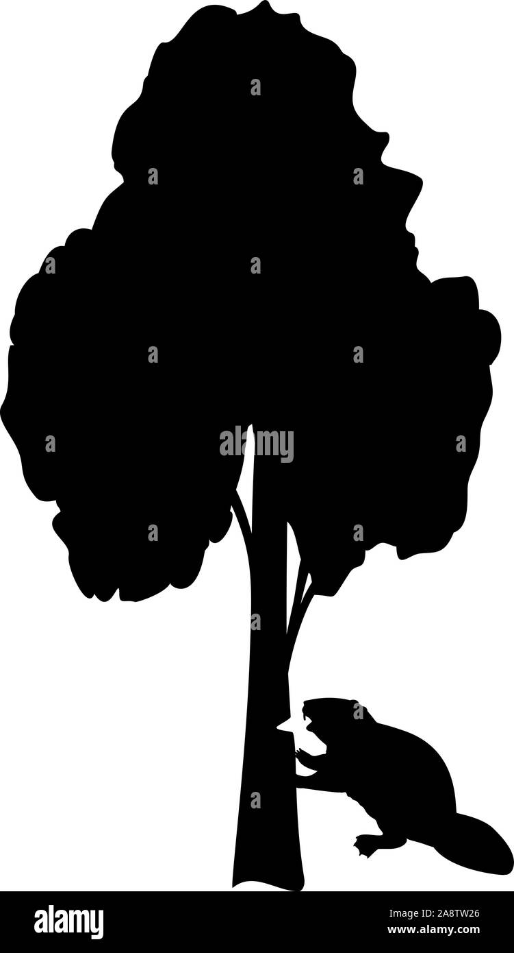 Silhouette of beaver gnawing tree. Animal wildlife. Vector illustrator Stock Vector