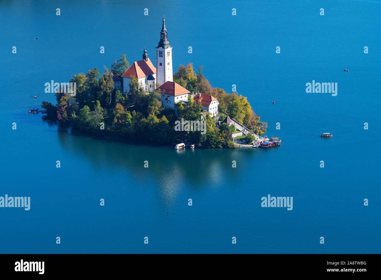 Aerial view of the island with church of the Assumption of Mary on lake Bled in Slovenia. Landmarks, travel, tourism and beauty of nature concepts Stock Photo